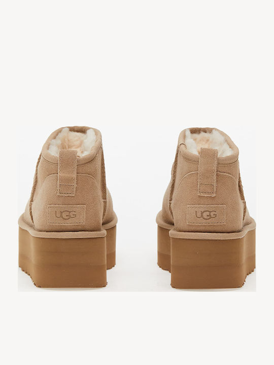 Ugg AustraliaClassic Ultra Mini Platform Δερμάτινα Γυναικεία Μποτάκια Μπεζ - Image 3