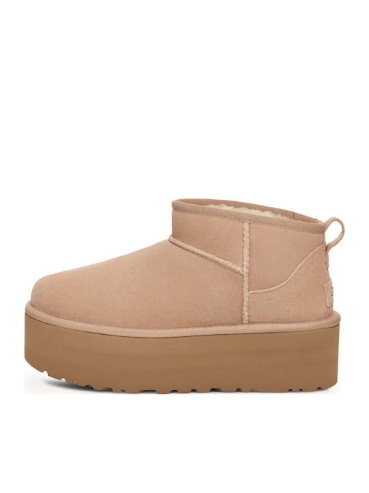 Ugg AustraliaClassic Ultra Mini Platform Δερμάτινα Γυναικεία Μποτάκια Μπεζ - Image 2