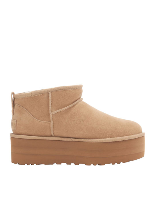 Ugg AustraliaClassic Ultra Mini Platform Δερμάτινα Γυναικεία Μποτάκια Μπεζ